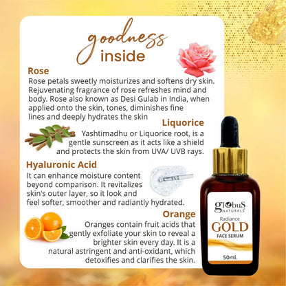 Globus Naturals Gold Radiance Anti Ageing & Brightening Face Serum, Suitable For All Skin Types