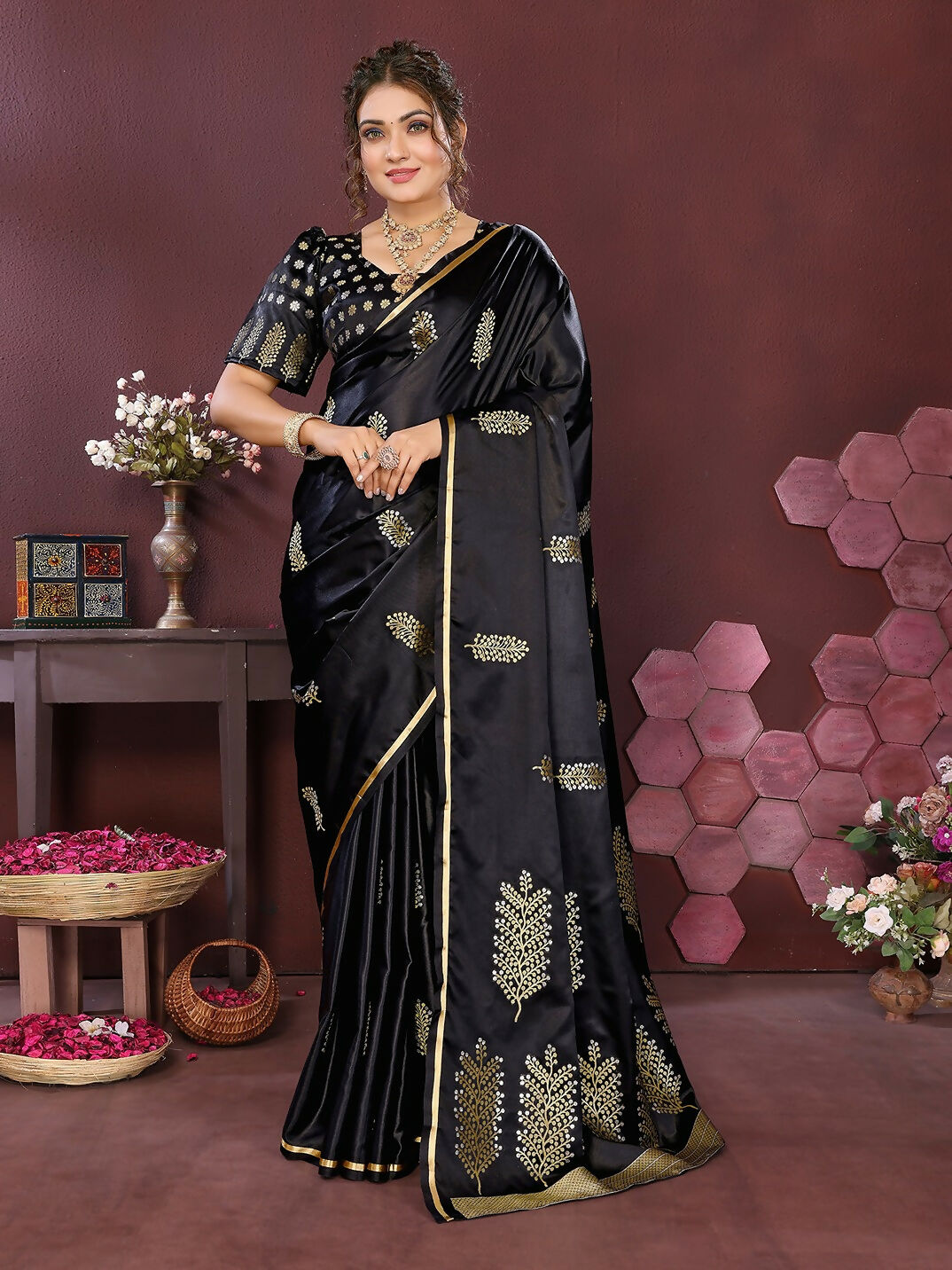 Joban Fashion Black Floral Motifs Banarasi Silk Sarees