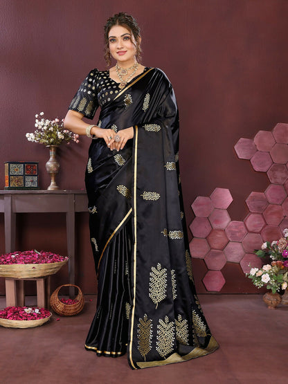 Joban Fashion Black Floral Motifs Banarasi Silk Sarees