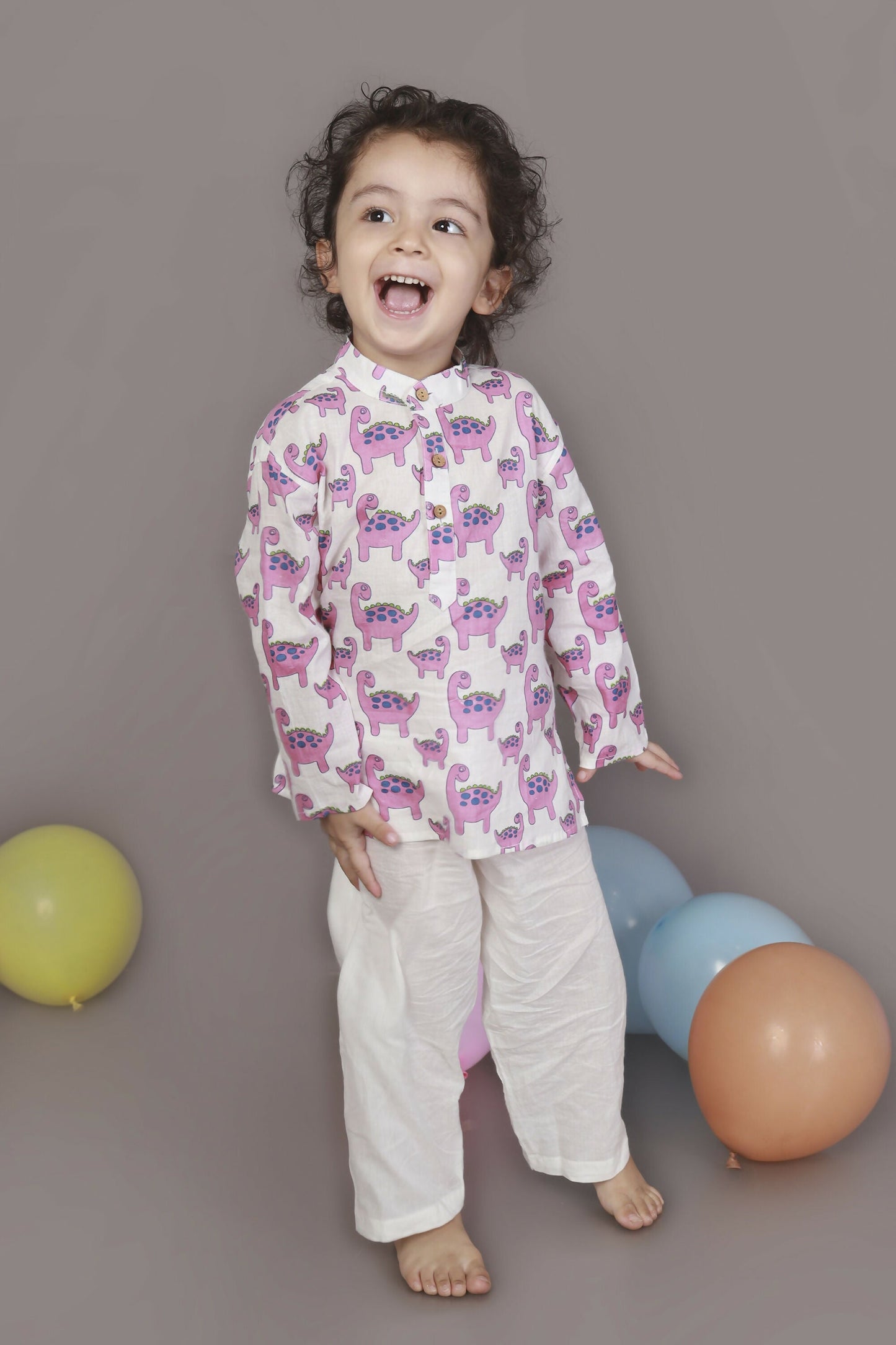 Breathables Kids Boys & Girls Cotton Night Suit – Purple Dinosaur Print Kurta & Pyjama Co-Ord Set