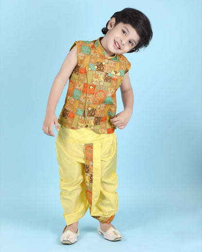Joban Fashion Kids Island Cotton Sleeveless printed Kurta and Solid Dhoti - Yellow