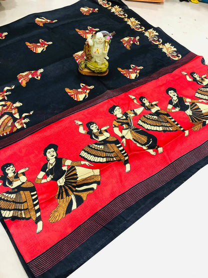 Vamika Black Kalamkari With Jhalar Khadi Latest Silk Saree