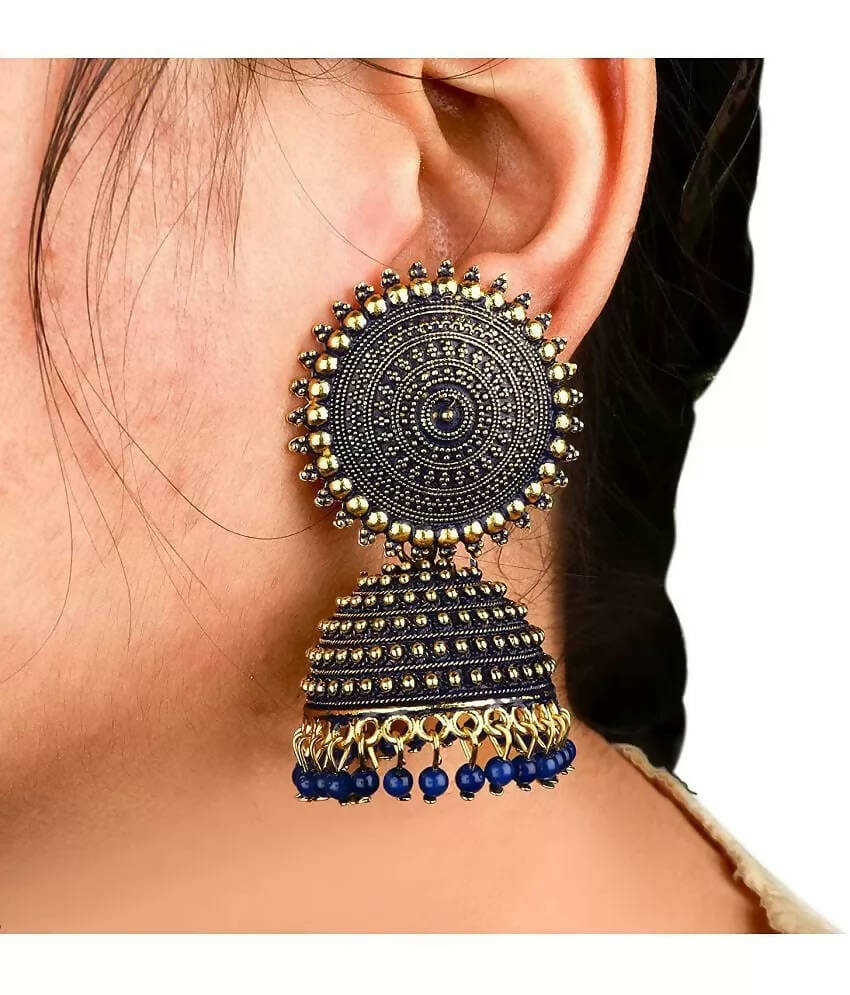 Mominos Fashion Joharkamal Gold-Polished Meenakari Jhumkas For Women & Girls (Blue)