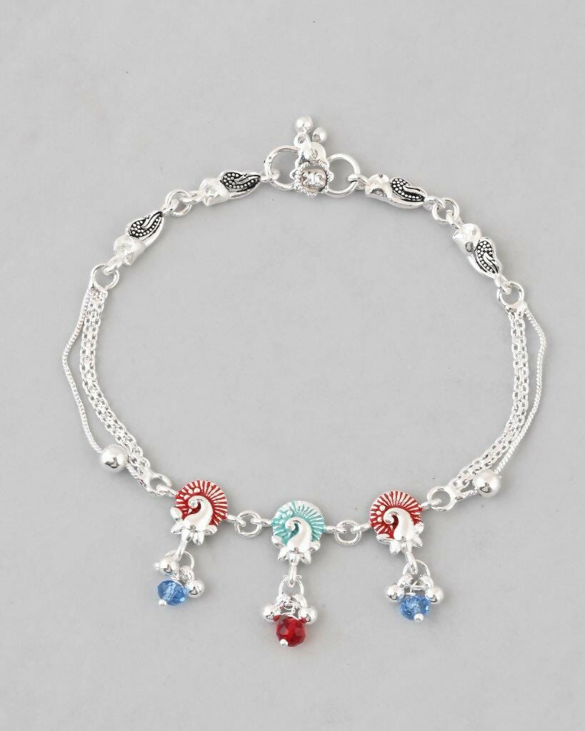 VOJ Set of 2 Silver Plated Peacock Shaped Multi Color Anklet