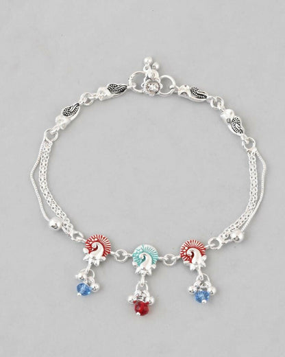 VOJ Set of 2 Silver Plated Peacock Shaped Multi Color Anklet