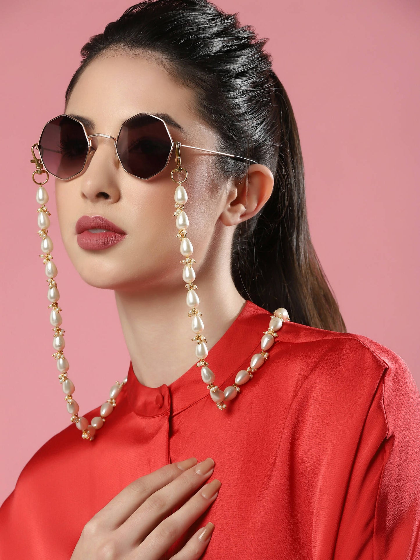 Gold-Toned White Embellished Mask Chain - Ruby Raang