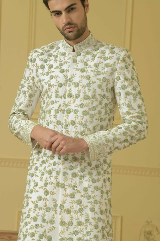 Off White Embroidered Sherwani by Hilo Design