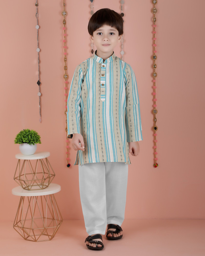 Joban Fashion Kids Island Cotton Full Sleeves Striped Kurta and Pyjama- Blue