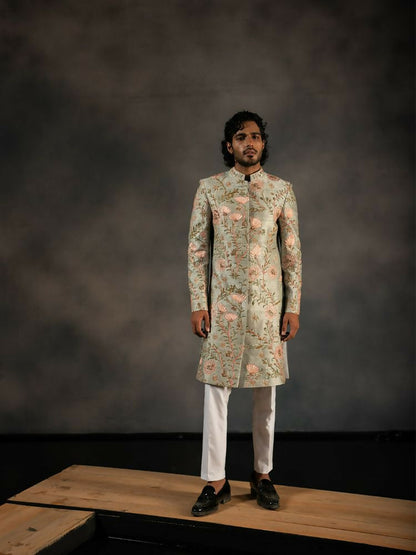 Pastel Green Hand Embroidered Indowestern Sherwani by Hilo Design