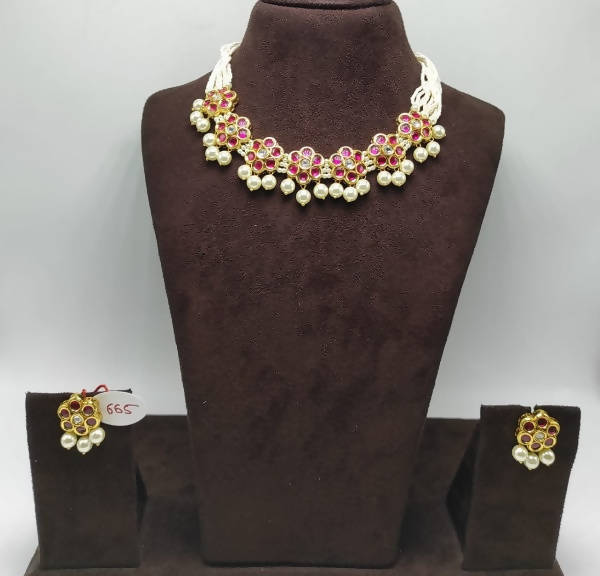 Khavi Arts Enamel Studded Pearl Choker-Pink
