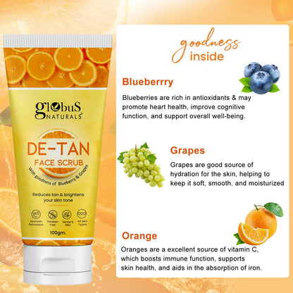 Globus Naturals De Tan Face Scrub, Suitable For All Skin Types