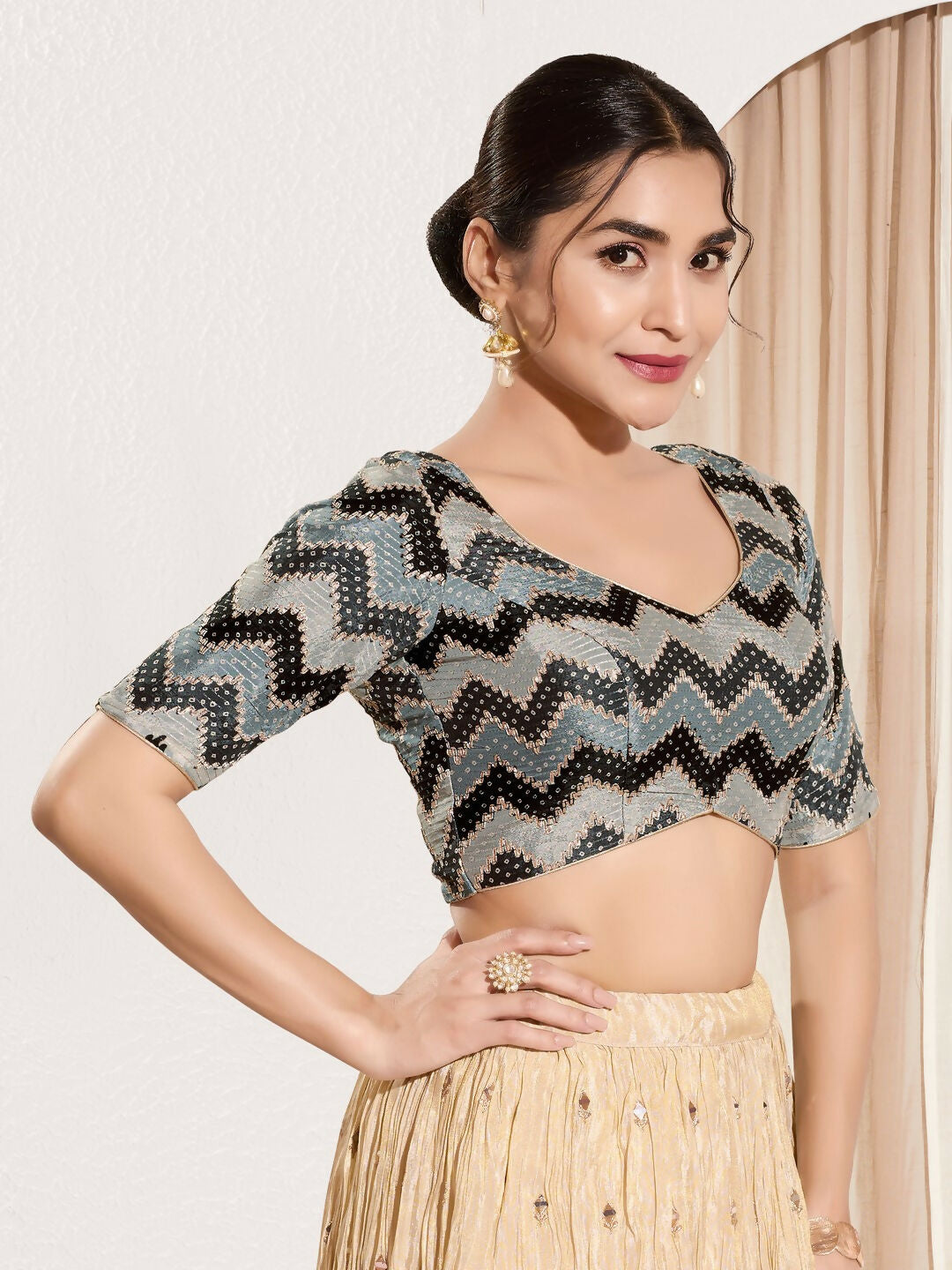 Joban Fashion Black Chiffon Padded Blouse With Square Neck Elbow Sleeves