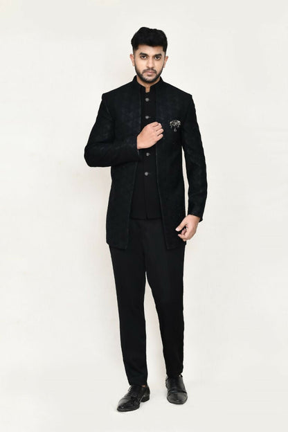 Joban Fashion Black Colored Imported Jacquard Fabric Open Prince Coat, Jacket With Pant