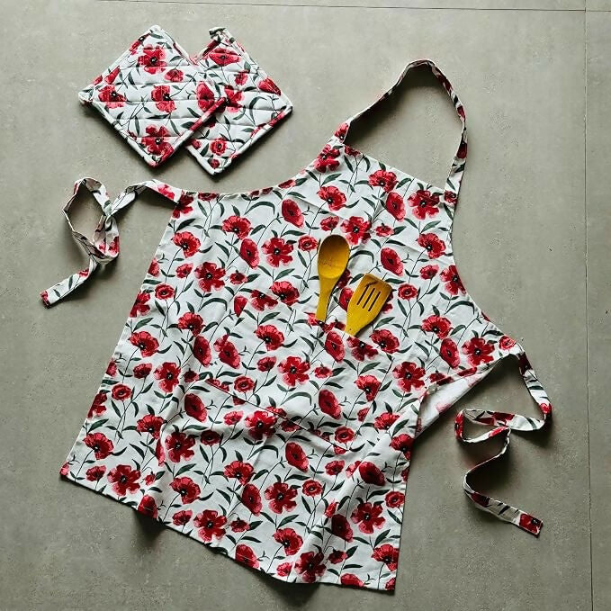 Oak & Lily 100% Cotton Kitchen Apron-Red Poppy Flower