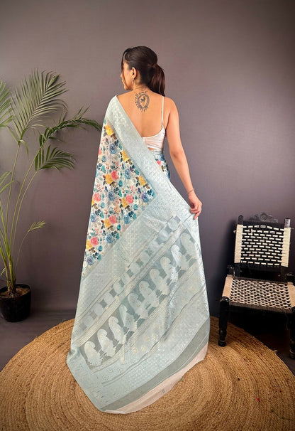 Joban Fashion Grey Floral Motifs Banarasi Silk Sarees
