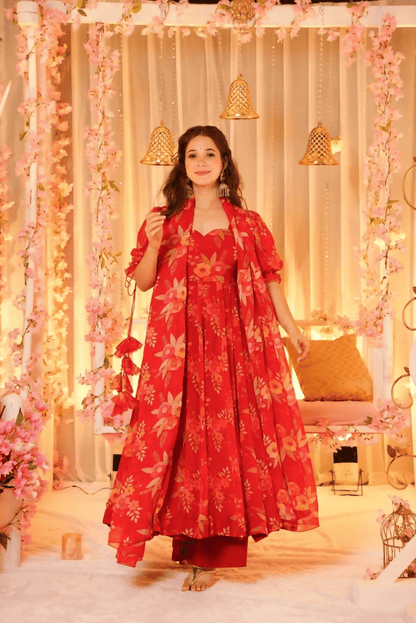 Aayaa Designer Printed Tebby Silk Suit - Multi Color