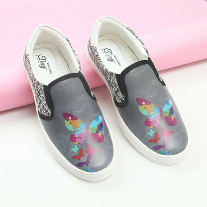 Tiny Bugs Girls Butterfly Print Slip Ons Sneakers - Dark Grey