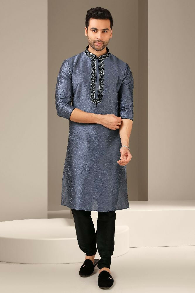 Raivat Ethnic Banarasi Art Silk Mirror Work Kurta Pajama In Dark Grey Colour