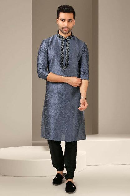 Raivat Ethnic Banarasi Art Silk Mirror Work Kurta Pajama In Dark Grey Colour