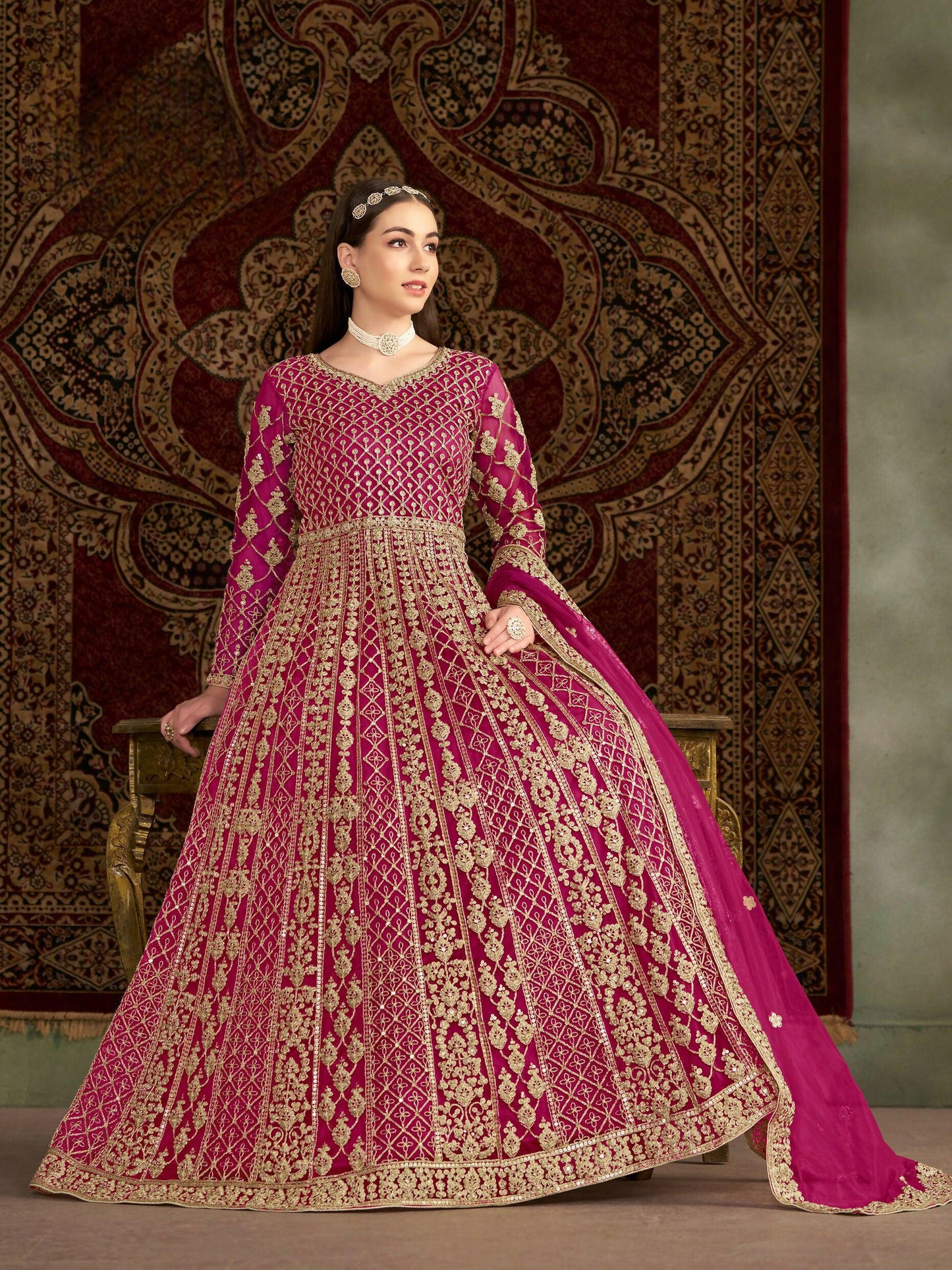 Anaita Rani Pink Embroidered Net Stitched Anarkali Suit