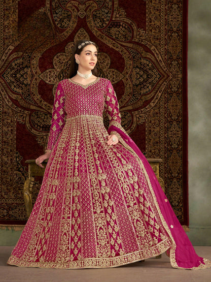 Anaita Rani Pink Embroidered Net Stitched Anarkali Suit