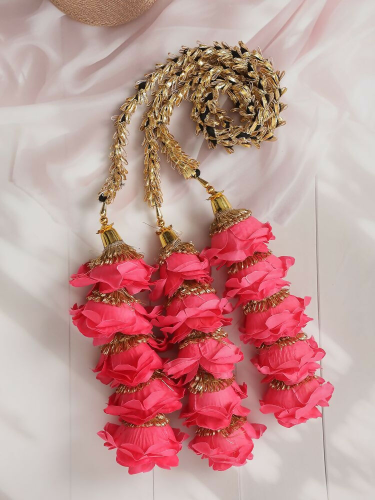 Ruby Raang Gold Gota Pati Work And Pink Rosses With Black Thread & Golden Stones