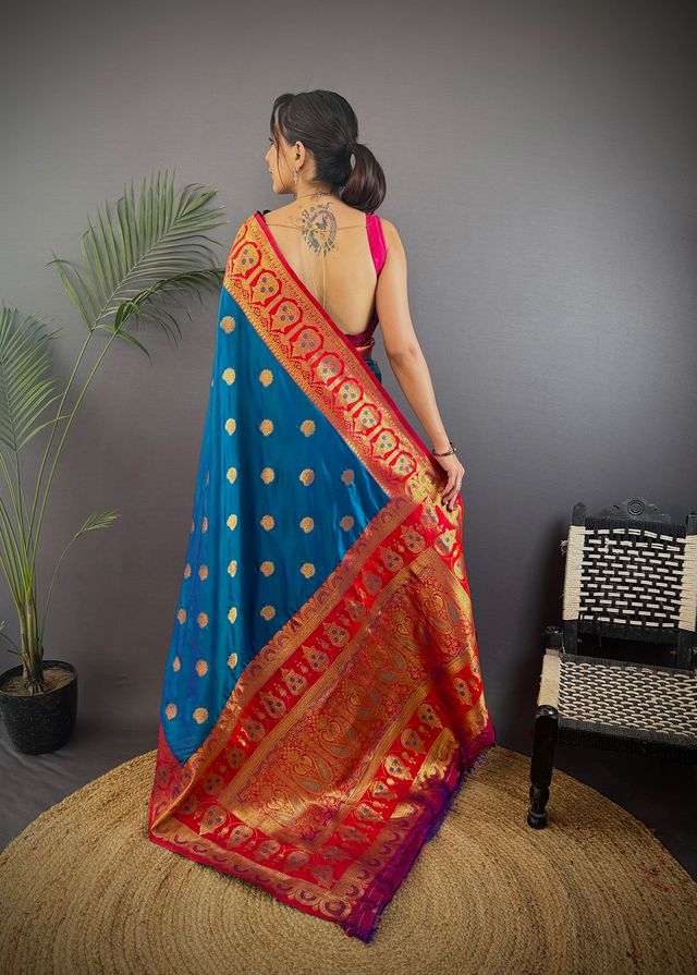 Elora Regal Blue Soft Silk Butti Zari Weaving Contrast Pallu Banarasi Saree