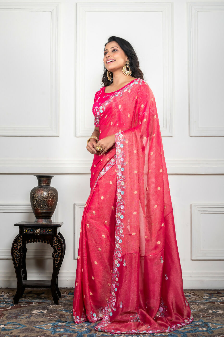 Morchari Pink Pure Chiffon Hand Embroidery Saree And Stitched Blouse