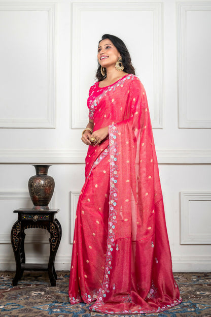 Morchari Pink Pure Chiffon Hand Embroidery Saree And Stitched Blouse