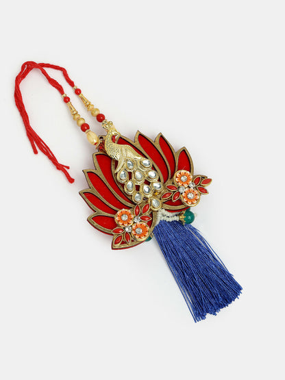 NVR Women & Men Set of 2 Gold-Toned Peacock Design Stone-Studded Bhaiya Bhabhi Rakhi With Roli Chawal