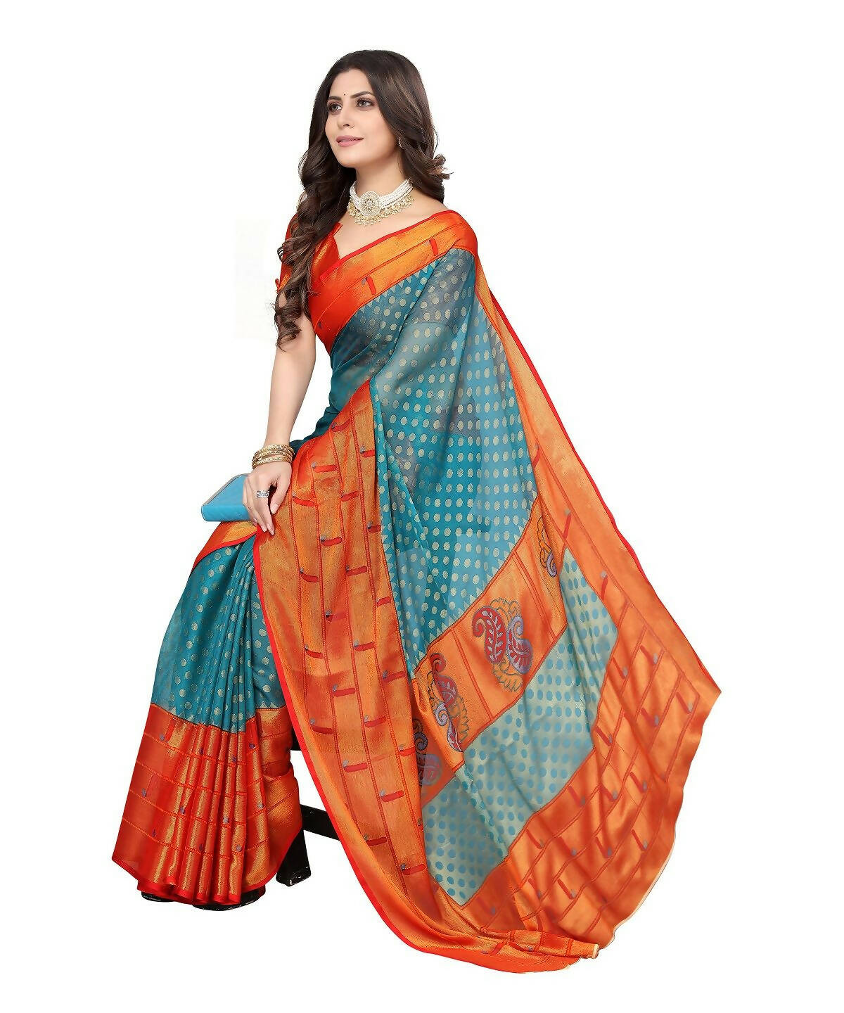 Vamika Sky Blue Chiffon Brasso Bollywood Style Woven Saree (DIMPLE SKY BLUE)