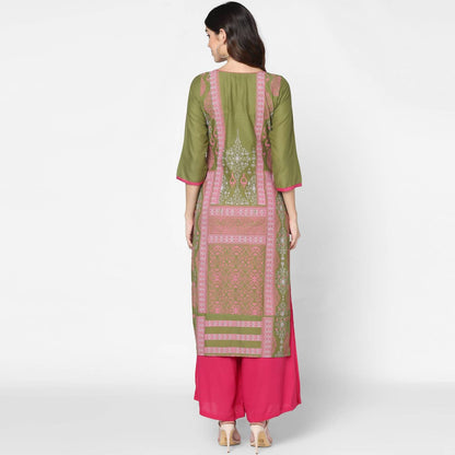 Cheera Hand Block Print Military Color Straight Kurta (MAAI-047K)