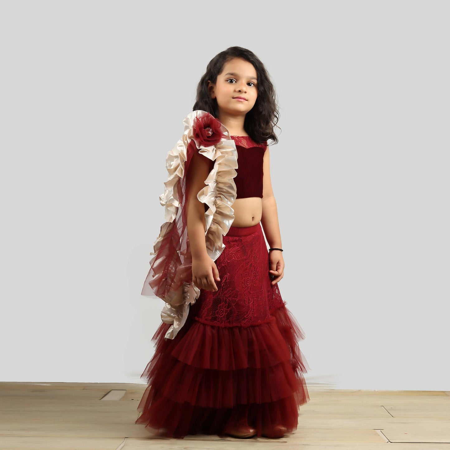 Pink Cow Fashions Velvet Choli With Net Ghagra & Frill Dupatta