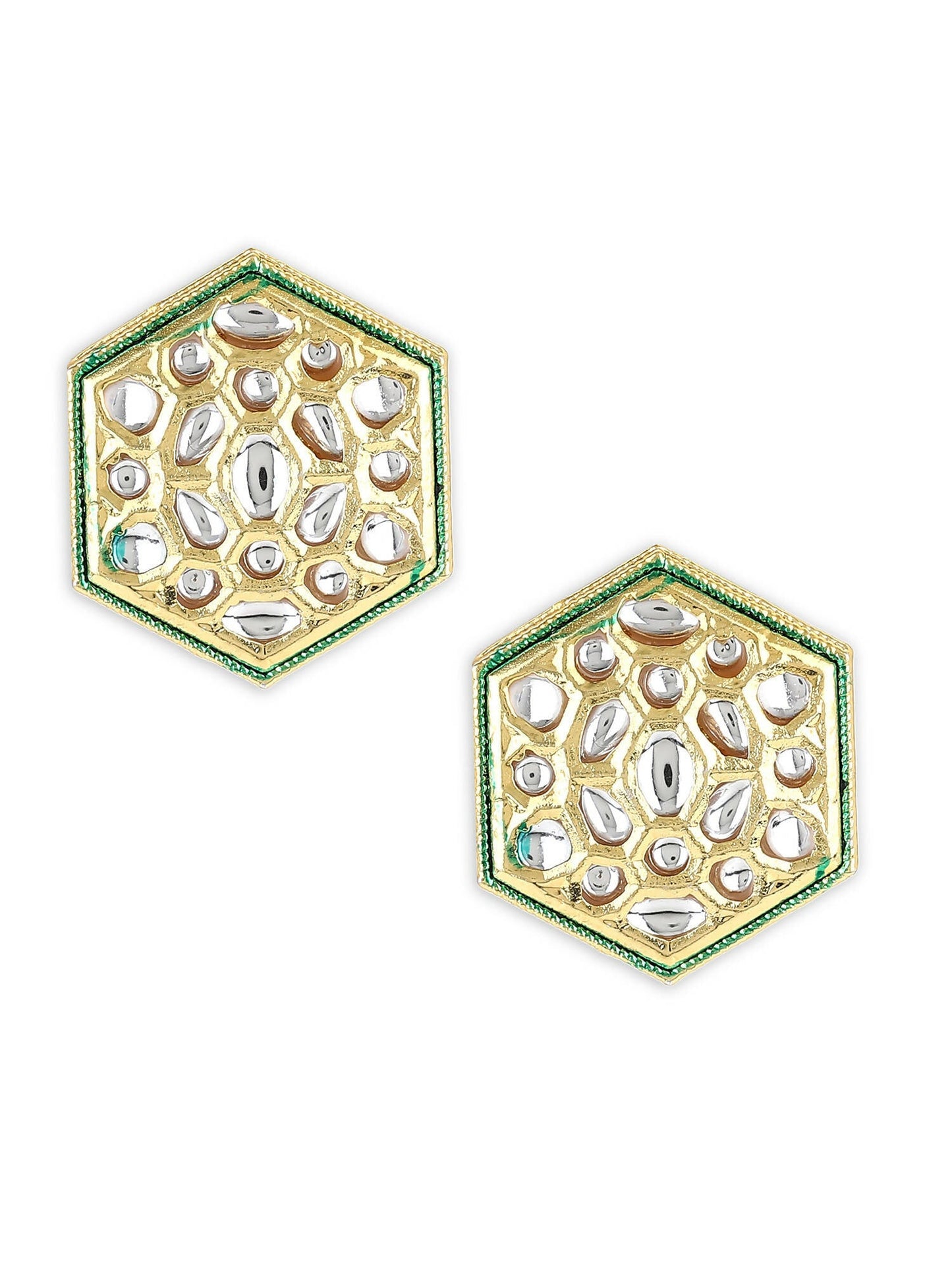 Gold-Toned White Kundan Contemporary Gold-Polished Studs Earrings - Ruby Raang