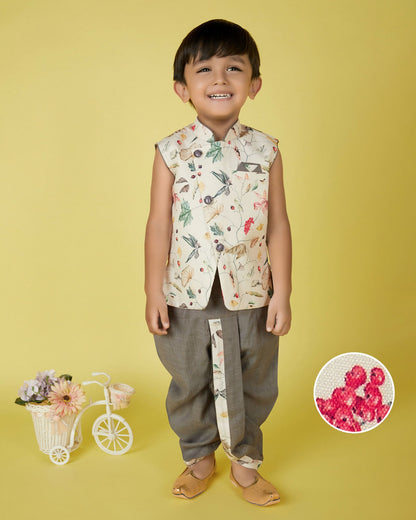 Joban Fashion Kids Island Cotton Sleeveless printed Kurta and Solid Dhoti - Cream