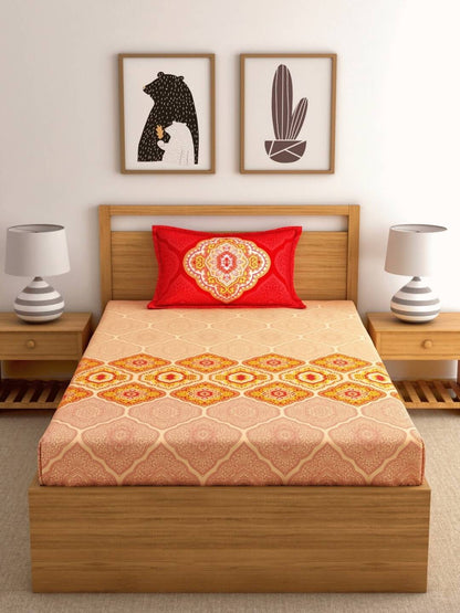 Dreamscape Pink Ethnic Motifs 144 TC Cotton Bedsheet with Pillow Covers