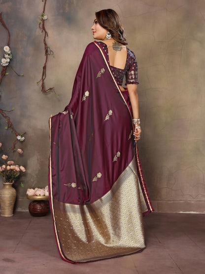 Joban Fashion Maroon Floral & Botanical Motifs Satin Silk Banarasi Silk Saree