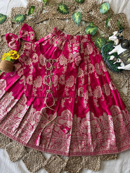 Evanik Ranipink Banarasi Silk Kids Lehenga Choli Set with Zari Jacquard Work for Girls