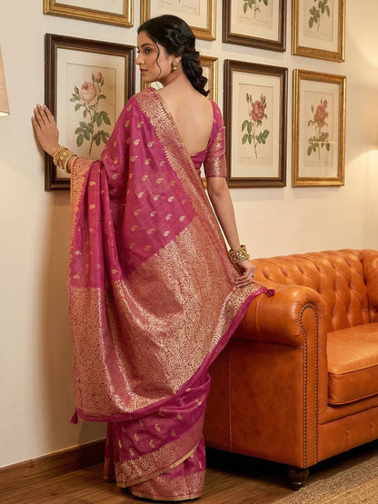 Anaita Rani Pink Woven Tissue Silk Saree With Blouse