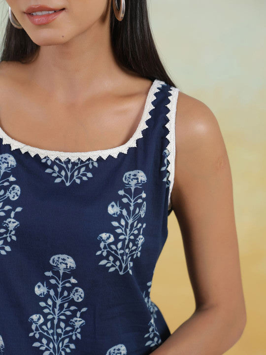 Anayna Floral Printed Round Neck Pure Cotton Straight Kurta With Trousers