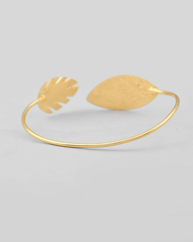 VOJ Gold-Polished Leaf Shaped Cuff Bracelet