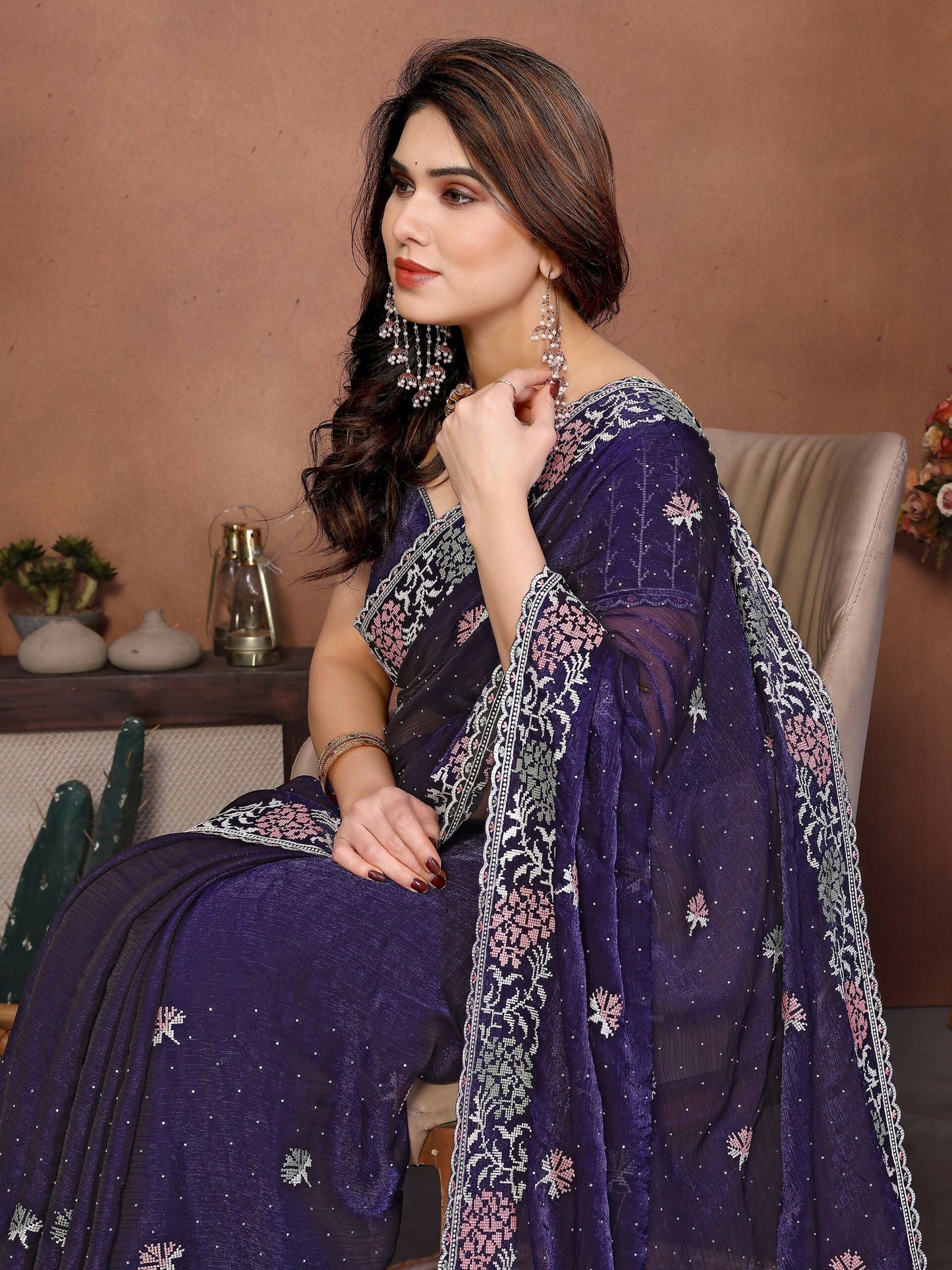 Teeya Creation New Womens Latest Party Wear Soft Chiffon Silk Saree-Purple