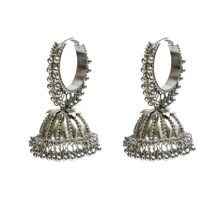 Mominos Fashion Johar Kamal Oxidised Silver-Plated Brass Finish Ghungroo Necklace with Earrings For Women