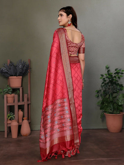 Joban Fashion Carrot Red Woven Design Banarasi Silk Sarees