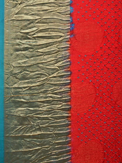 Red and Teal Bandhani Kanchipuram Silk Handloom Saree with Big Buta Design - Global Threads