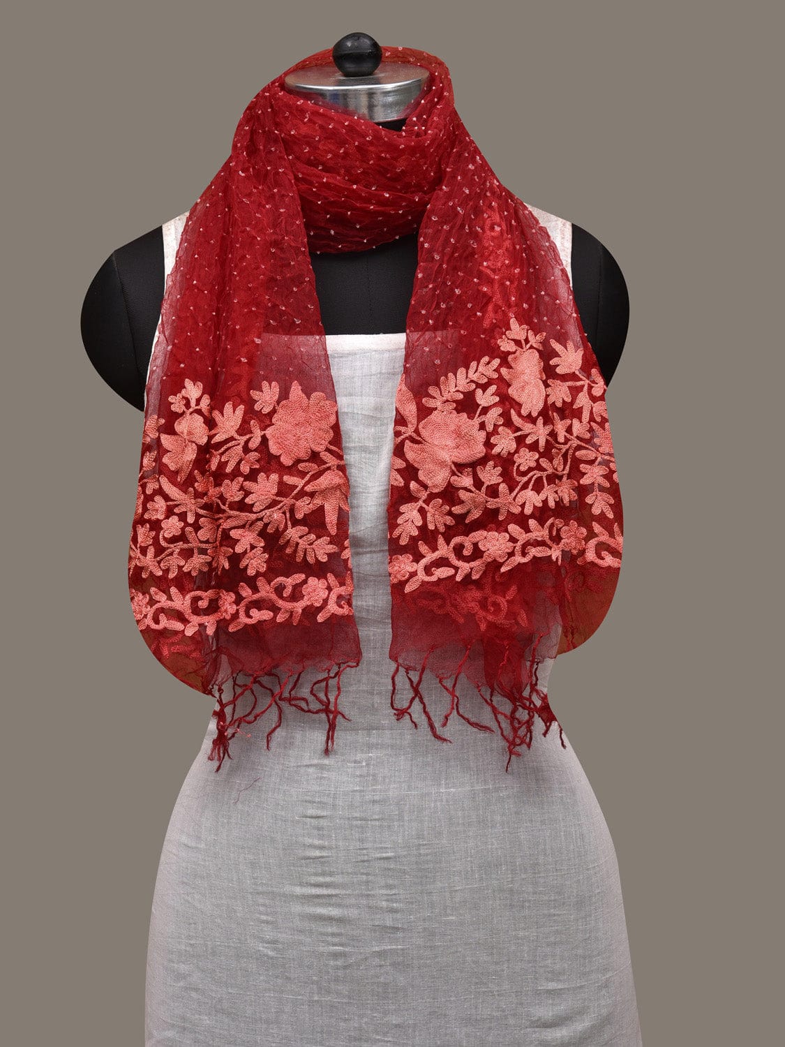 Red Bandhani Organza Stole with Embroidary Work Design - Global Threads