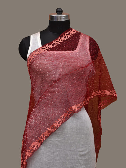 Red Bandhani Organza Stole with Embroidary Work Design - Global Threads