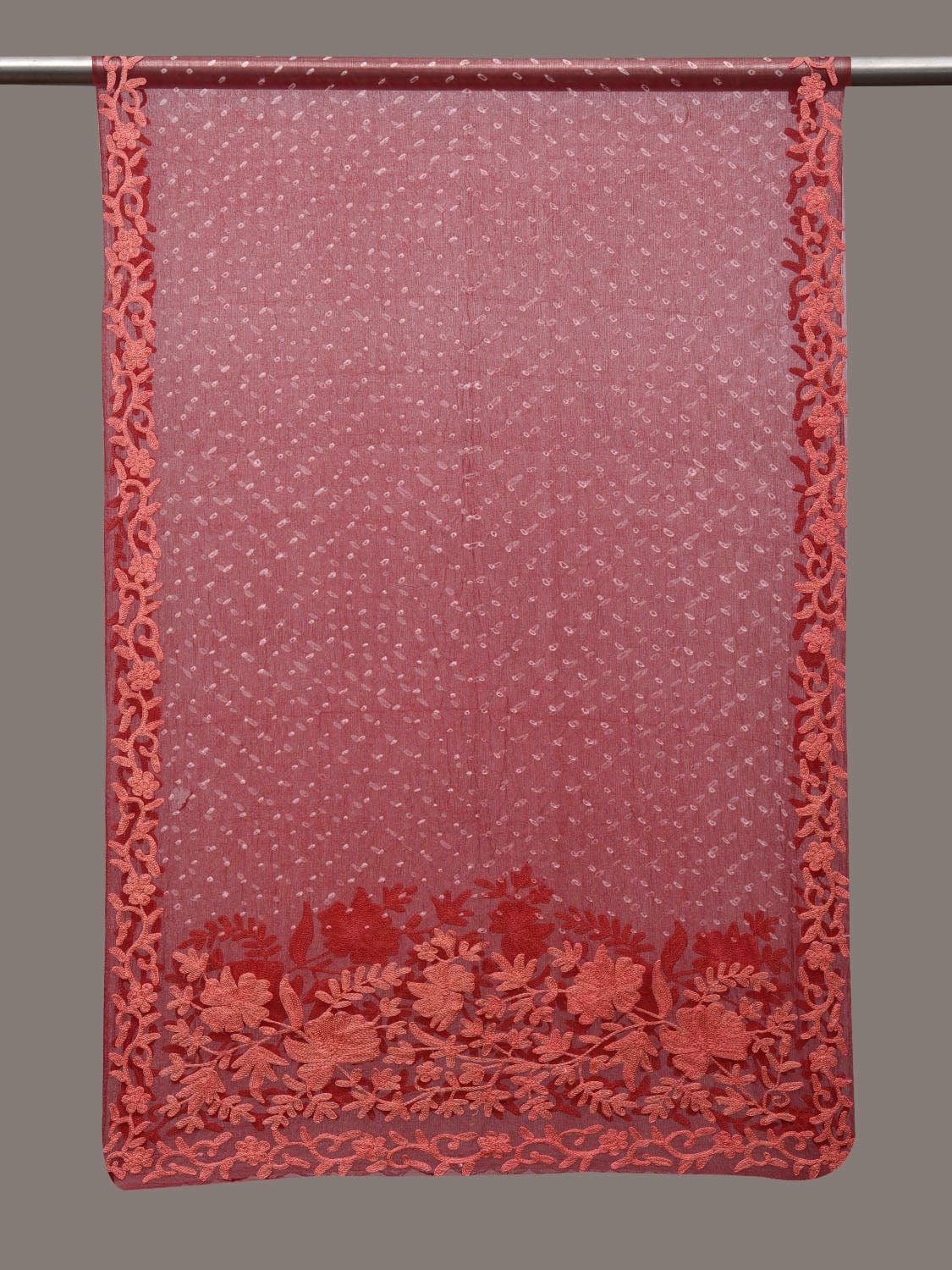 Red Bandhani Organza Stole with Embroidary Work Design - Global Threads
