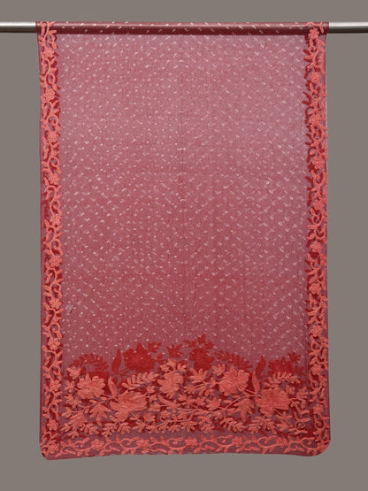 Red Bandhani Organza Stole with Embroidary Work Design - Global Threads