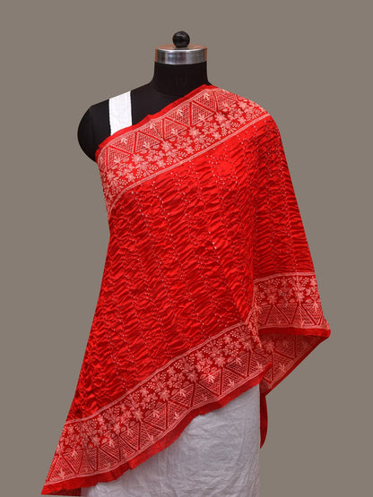 Red Bandhani Silk Stole with Embroidary Work Design - Global Threads